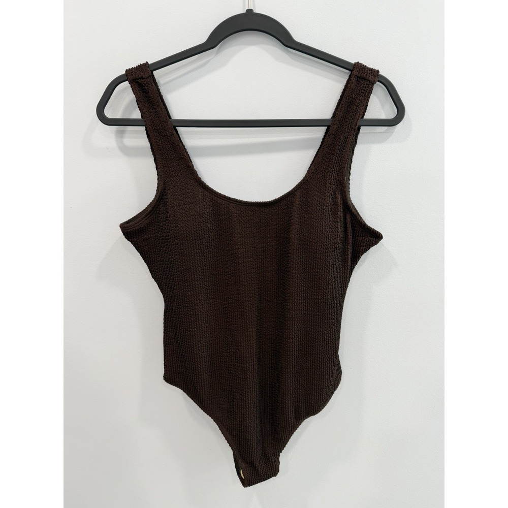 NEW Dark Brown Crinkle One Piece Swimsuit Womens Minimalist Bathing Suit Size L